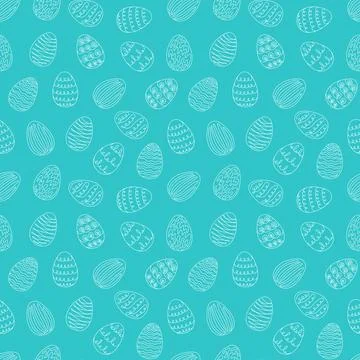 Seamless pattern of white Easter eggs with hand-drawn details. Continuous one Stock Illustration