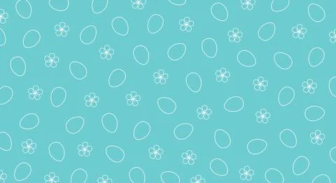 Seamless pattern with white egg and flower outlines on turquoise background Stock Illustration