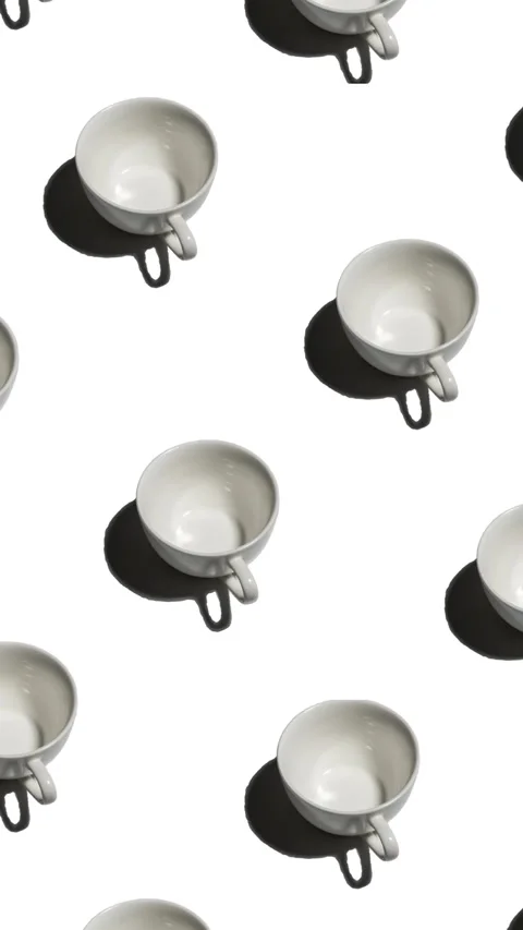 Seamless pattern of white empty tea cups with strong shadows on white background Stock Footage 318511027