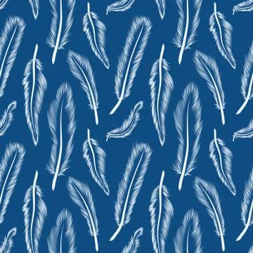Seamless pattern white feather on classic blue background. 스톡 일러스트