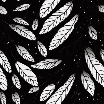 Seamless pattern of white feathers on a black background. Stock Illustration