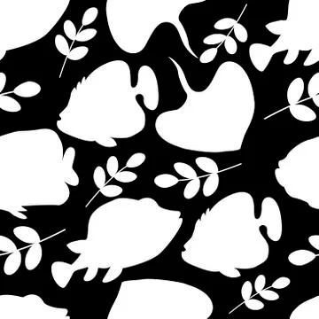 Seamless pattern white fish and leaves on a black background. For the design of Stock Illustration