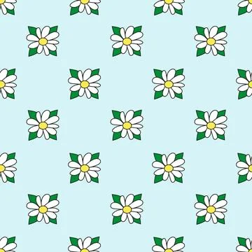 Seamless pattern with white flower and leaves. Daisy blossom. Chamomile. Stock Illustration