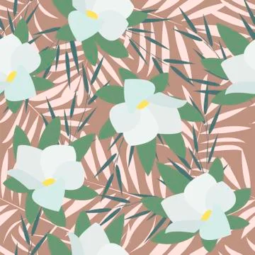 Seamless pattern with white flowers and leaves on a pink background. For Stock Illustration