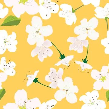 Seamless pattern with white flowers and yellow background for prints; Stock Illustration