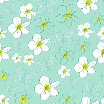 Seamless pattern with white flowers on a blue background. Stock Illustration