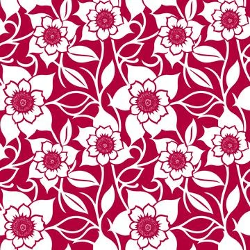 Seamless pattern with white flowers on red background Stock Illustration