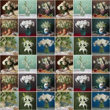 Seamless pattern with white flowers in a vase. Bouquets. Stock Photos