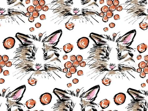 Seamless pattern. A white fluffy rabbit portrait with a carrot on a white Stock Illustration