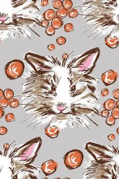 Seamless pattern. A white fluffy rabbit with a carrot on a gray background Stock Illustration