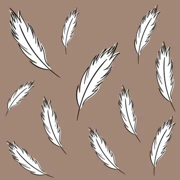 Seamless pattern with white flying feathers on sepia background Stock Illustration