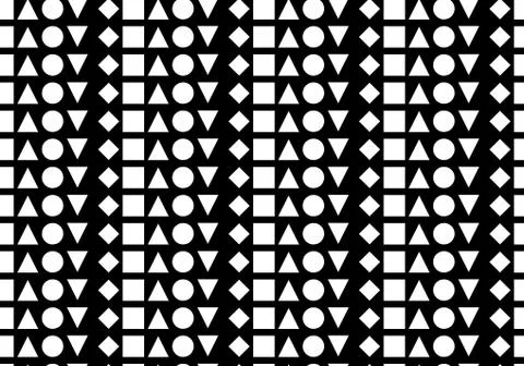 Seamless pattern of white geometrical figures of different shapes on a black Stock Illustration