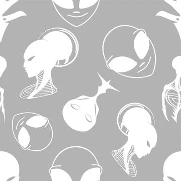 Seamless pattern white graphic aliens on gray background, texture, design Stock Illustration