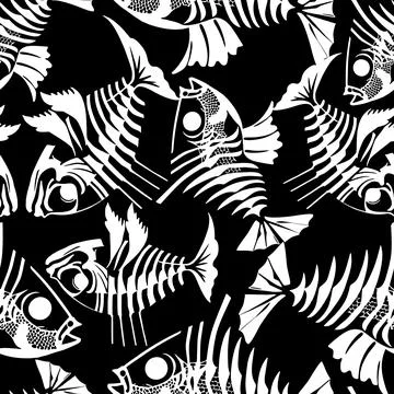 Seamless pattern of white graphic fish skeletons on a black background, tex.. Illustrazione stock