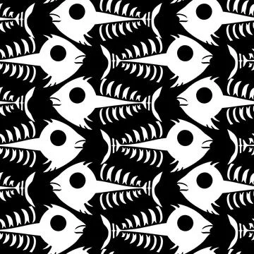 Seamless pattern of white graphic fish skeletons on a black background, tex.. 스톡 일러스트