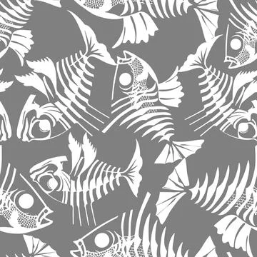 Seamless pattern of white graphic fish skeletons on a gray background, text.. 스톡 일러스트
