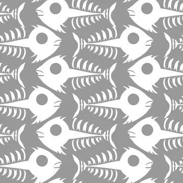 Seamless pattern of white graphic fish skeletons on a gray background, text.. Stock Photos