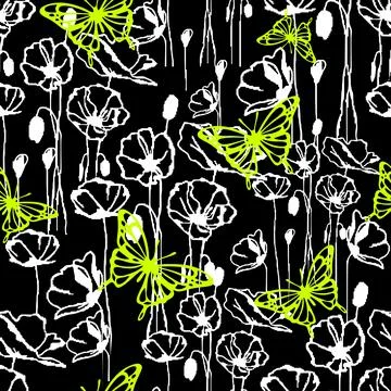 Seamless pattern of white graphic flowers and lime butterflies on a black Illustrazione stock
