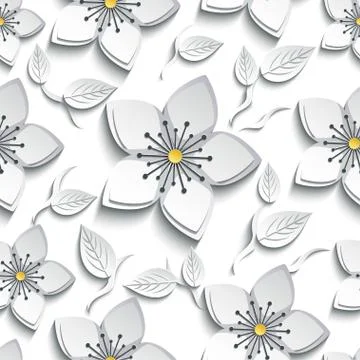 Seamless pattern with white, grey 3d sakura 库存插图