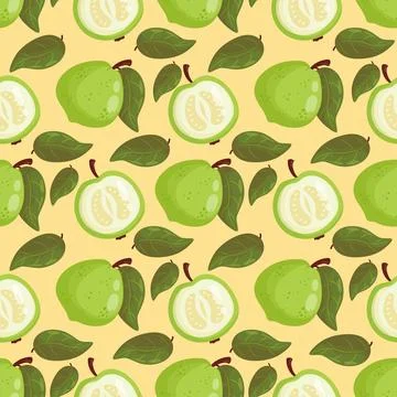 Seamless Pattern White Guava Fruit Tree on Yellow Background with leaves. V.. Illustrazione stock