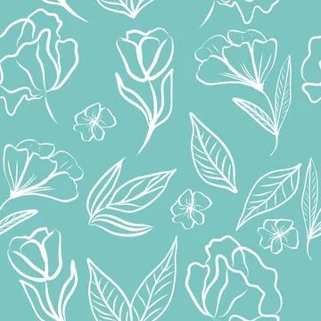 Seamless pattern of white hand draw tropical leaves and  flowers Stock Illustration