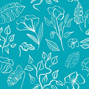 Seamless pattern of white hand draw tropical leaves and  flowers Stock Illustration