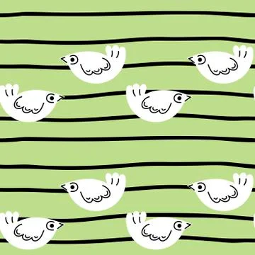 Seamless pattern. White hand drawn birds, black stripes on a green background イラスト素材