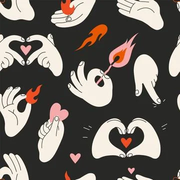 Seamless pattern with white Hands gestures, flames, match and heart. Love, .. イラスト素材