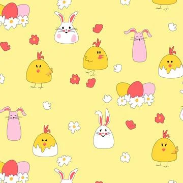 Seamless pattern with white hares with daisies on a yellow background for Stock Illustration