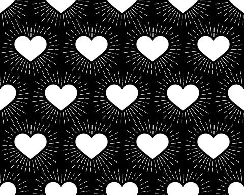 Seamless pattern. White Heart with rays on a Black background. Vector illustr Stockillustratie