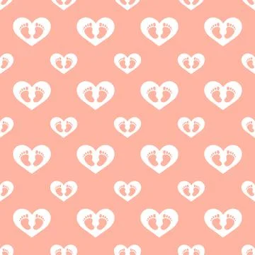 Seamless pattern with white hearts and baby feet on pink background.  Stock Illustration