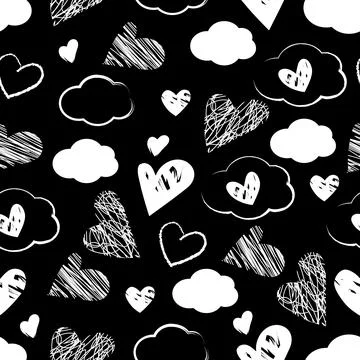 Seamless pattern of white hearts and clouds on a black background Illustrazione stock