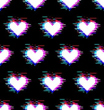 Seamless pattern of white hearts with glitch effect Stock Illustration