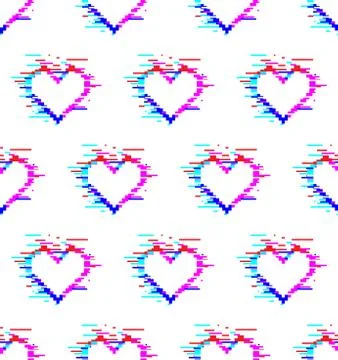Seamless pattern of white hearts with glitch effect Stock Illustration