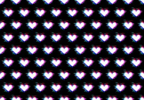Seamless pattern of white hearts with glitch effect Illustrazione stock