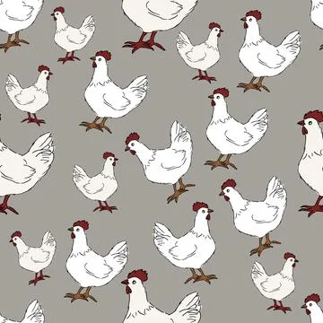 Seamless pattern with white hen chicken cartoon character on grey background Stock Illustration