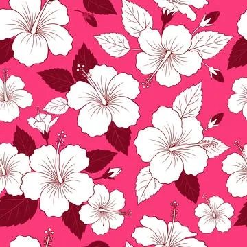 Seamless Pattern with White Hibiscus Flowers and Red Leaves on Pink Backgroun Illustrazione stock