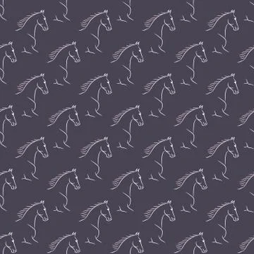 Seamless pattern with white horses, pink mane, violet background. Stock Illustration