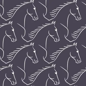 Seamless pattern with white horses, violet background. Stock Illustration