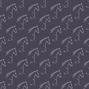 Seamless pattern with white horses, violet background. Stock Illustration