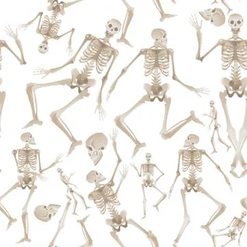 Seamless pattern of white human skeletons dancing and moving Stock Illustration