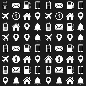 Seamless pattern of white icons on black background including mobile phones.. Stock Illustration