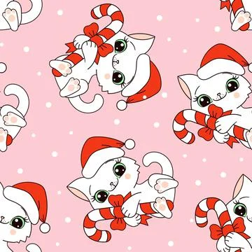 Seamless pattern with white kittens with Christmas candy. Vector Stock Illustration