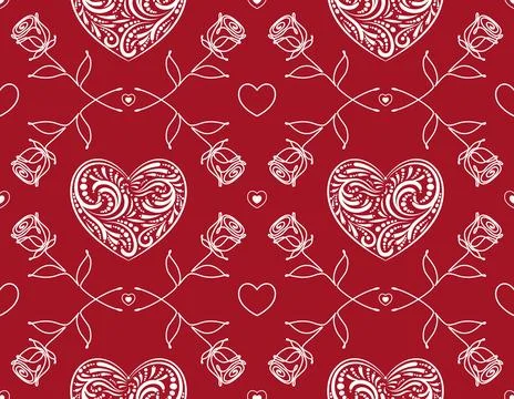 Seamless pattern with white lacy hearts and one line drawn rose. . Illustrazione stock
