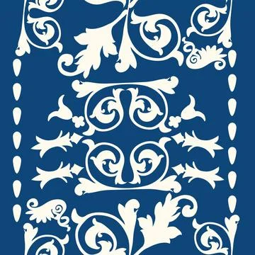 Seamless pattern with white leaf ornaments on dark blue background Stock Illustration