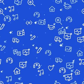 Seamless pattern with white line icons of headphones, video camera, graduation Stock Illustration