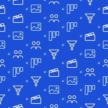 Seamless pattern with white line icons of clapperboard, gallery, team, kanban Stock Illustration