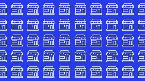 Seamless pattern of white line store icons on blue background for retail an.. Illustrazione stock