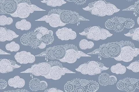 Seamless pattern with white linear clouds on blue background vector イラスト素材