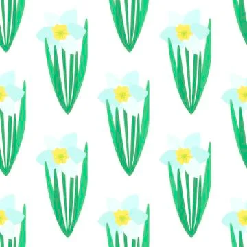 Seamless pattern. White Narcissus flower with green leaves. Spring flowers. H Stock Illustration